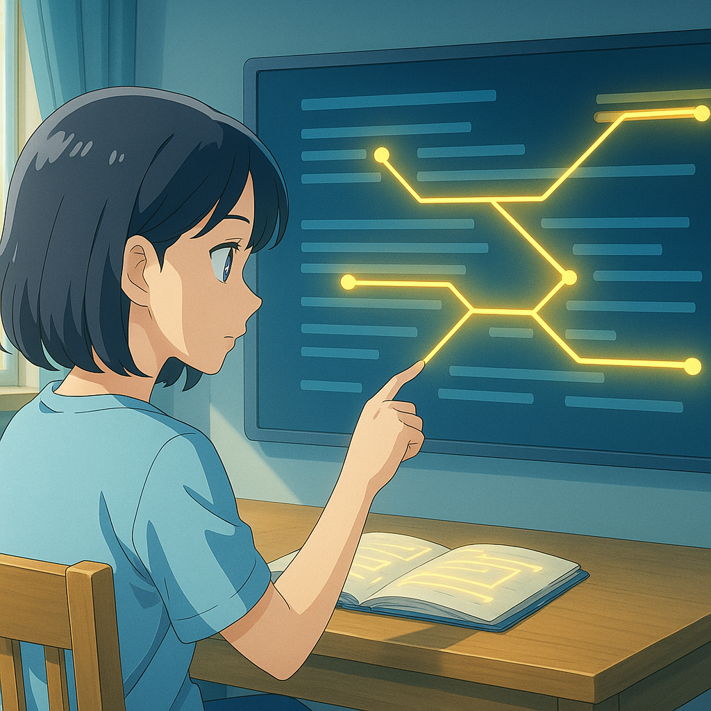 Kyoto Animation style depiction of 'a student analyzing a text structure with glowing logic lines connecting phrases on screen', bright and clear pixel-art colors, no text, simple silhouettes, sense of understanding and insight.